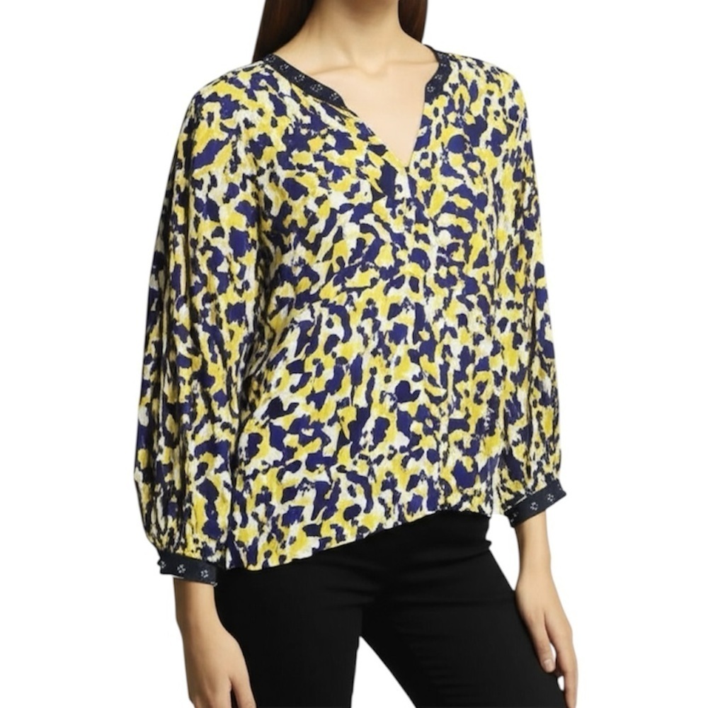Chelsea & Theodore Blouse Size S Yellow Navy V-Neck Abstract Print 3/4 Sleeve